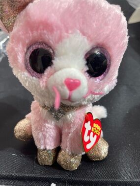 Ty Pink & White Beanie Boo Sparkle-Eyed Kitty Plush